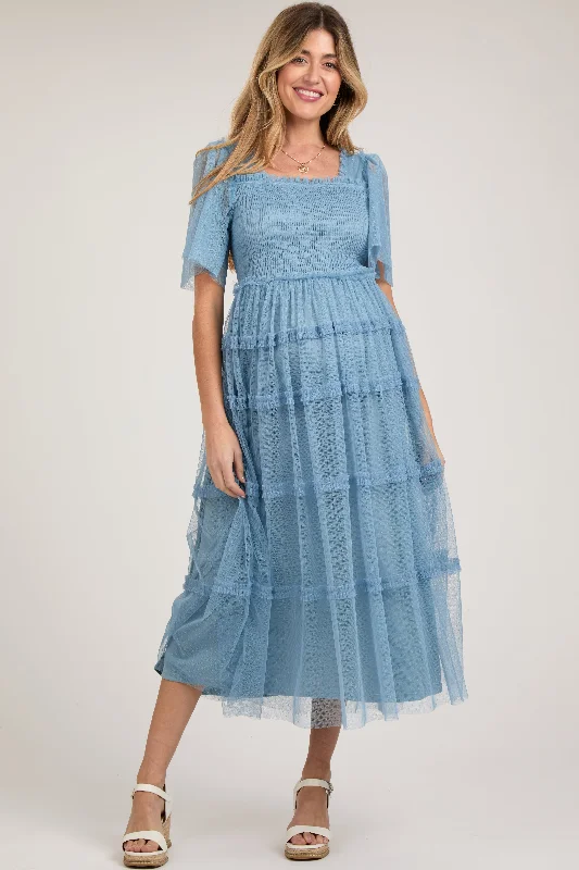 Workwear Fashion for Women Blue Ruffled Mesh Maternity Maxi Dress