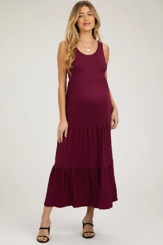 Women's Formal Wear Burgundy Sleeveless Scoop Back Tiered Maternity Maxi Dress