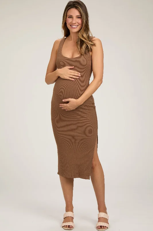 Women's Timeless Attire Camel Ribbed Knit Sleeveless Side Slit Maternity Dress