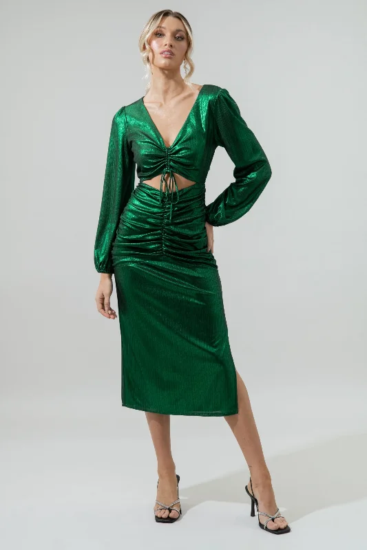 VIP Member Discount Cannes Liquid Satin Ruched Cut Out Midi Dress