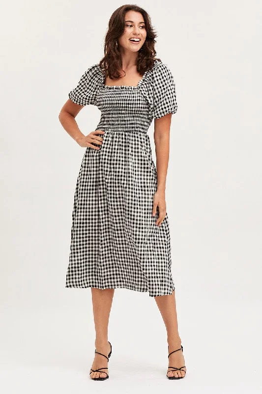 Women's Resort Apparel Check Midi Dress Short Sleeve Square Neck