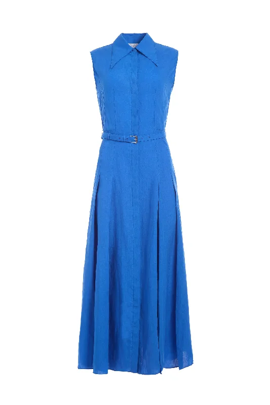 Women's Clothes Durand Pleated Maxi Shirtdress in Sapphire Aloe Linen