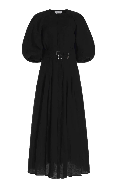 Classic Women's Apparel Elea Pleated Maxi Dress in Black Aloe Linen