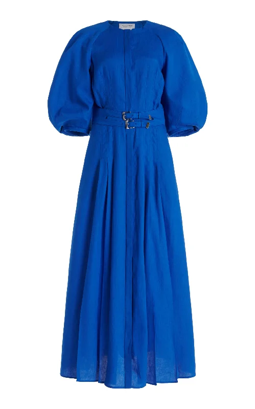 Women's Stylish Professional Apparel Elea Pleated Maxi Dress in Sapphire Aloe Linen