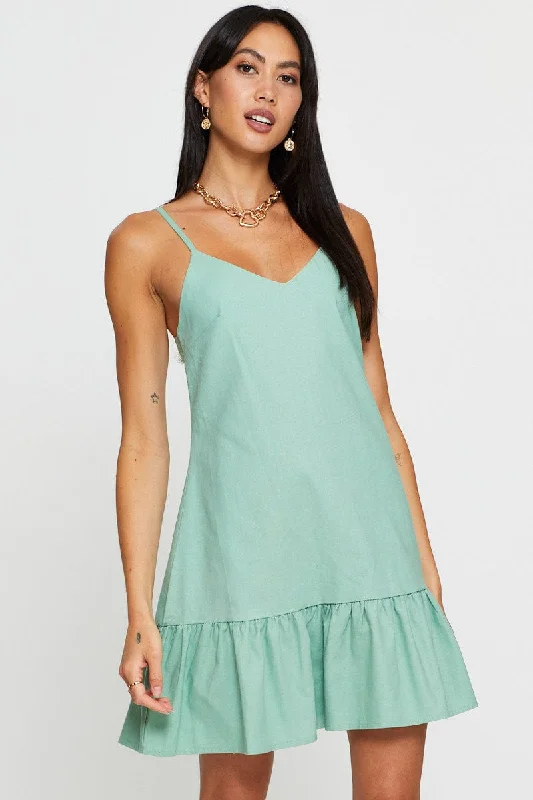 Plus-Size Women's Garments Green A Line Dress Mini V Neck