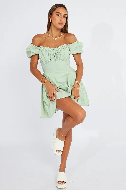 End of Season Sale Green Fit And Flare Dress Puff Sleeve Mini