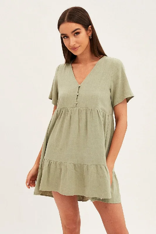 Women's Luxury Attire Green Smock Dress Short Sleeve V Neck Linen Blend