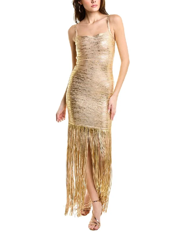 Women's Evening Outfit Herve Leger Banded Foil Fringe Gown