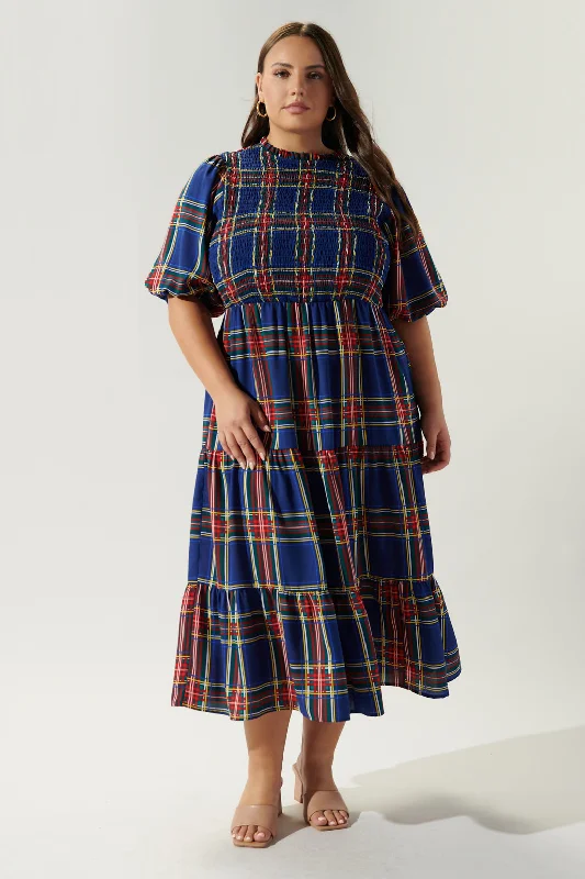 Elegant Women's Fashion Lakeview Plaid Smocked Tiered Midi Dress Curve