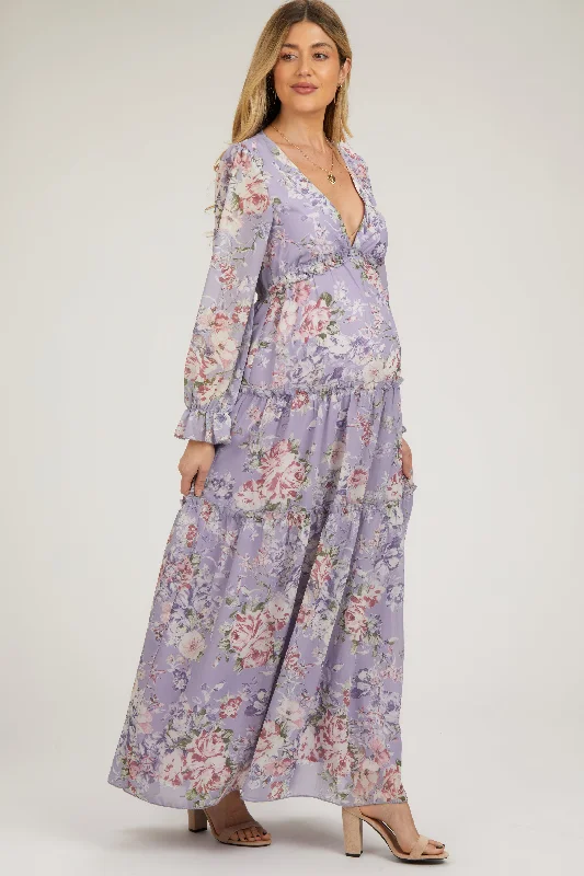 Women's Clothing For Holiday Travel Lavender Floral Chiffon Deep V Ruffle Tiered Maternity Maxi Dress