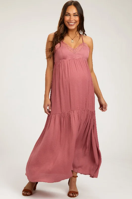 Affordable Fashion for Women Mauve Sleeveless Lace Tiered Maternity Maxi Dress