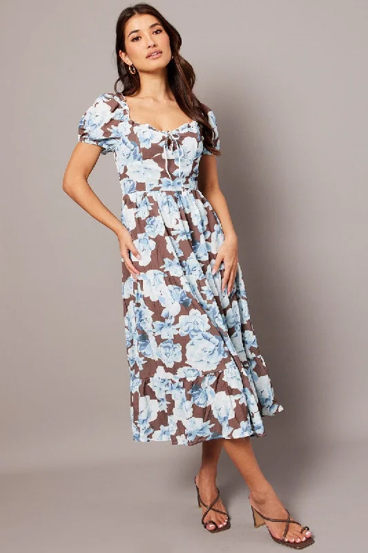 Modern Women's Outfit Multi Floral Maxi Dress Puff Sleeve