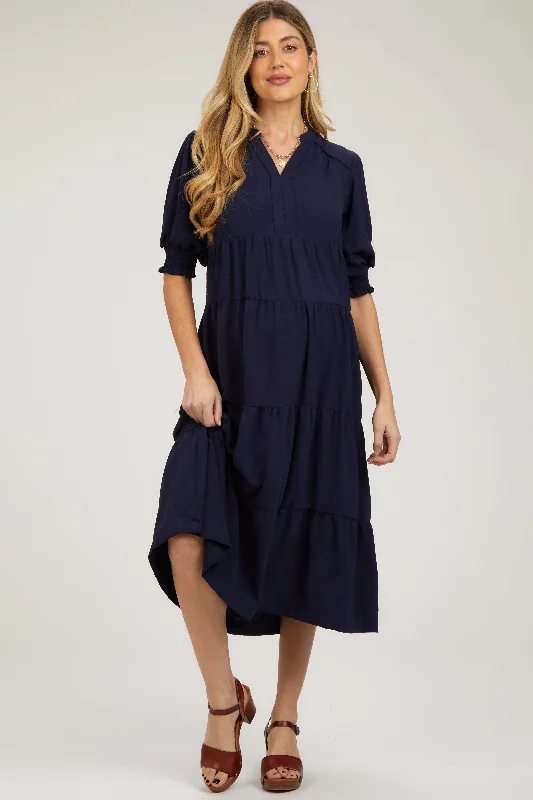 Women's Transitional Outfit Navy Short Sleeve Tiered Maternity Midi Dress