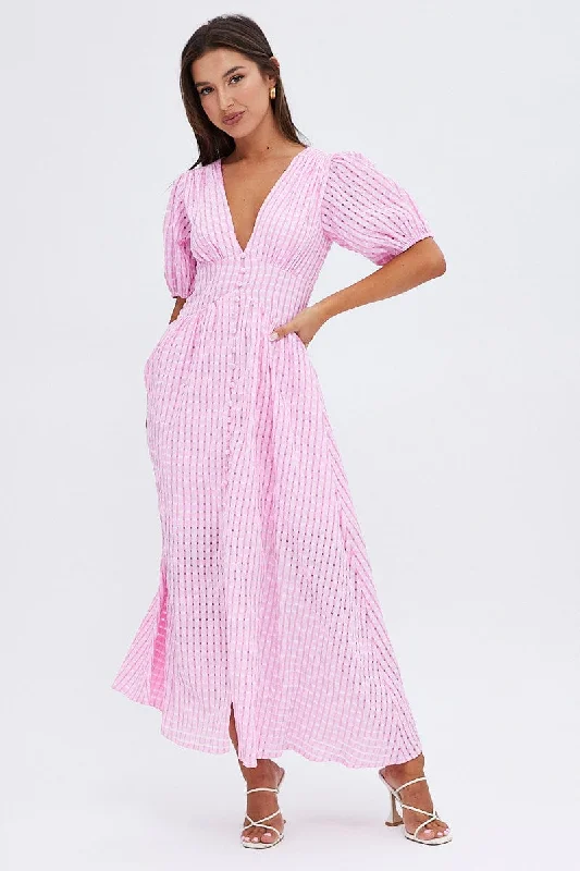 Women Wear Online Pink Check Midi Dress Puff Sleeve V-Neck