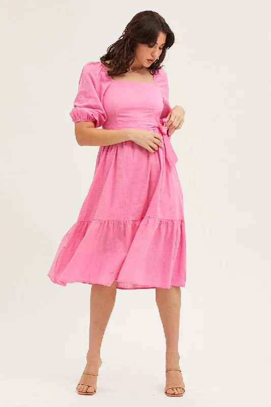 Fashionable Casual Tops Pink Dress Puff Sleeve Maxi