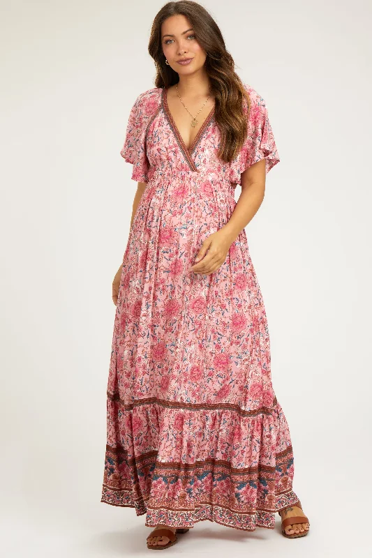 Women's Occasion Wear Apparel Pink Floral Flounce Sleeve Maternity Maxi Dress