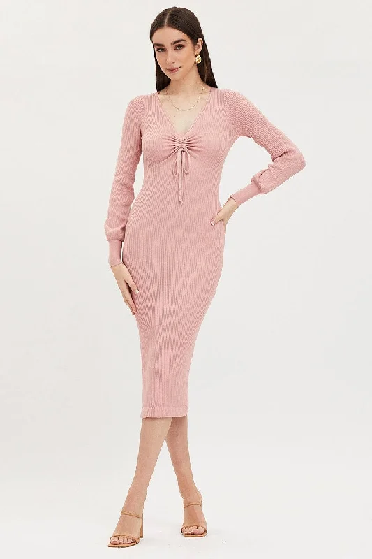 Women's Trendy Clothes Pink Knit Dress Evening Midi