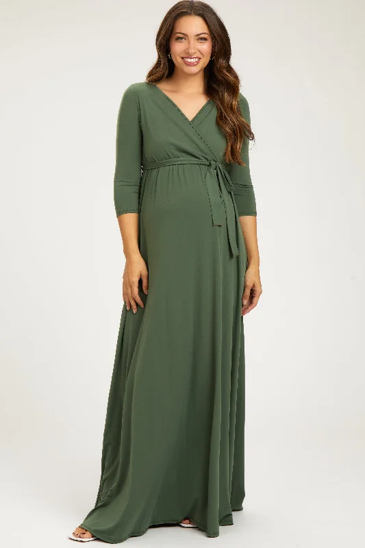 Women's High-Fashion Garments PinkBlush Light Olive Draped 3/4 Sleeve Maternity Maxi Dress