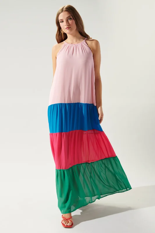 Women's Work Outfit For The Office Rainbow Rays Colorblock Maxi Dress