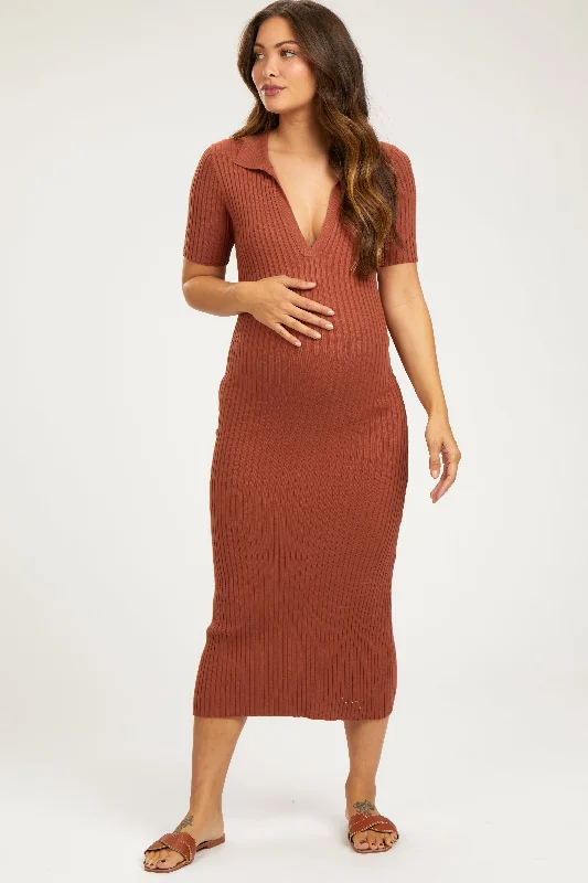 Women's Elegant Formal Outfit Rust Ribbed Collared V-Neck Maternity Midi Dress