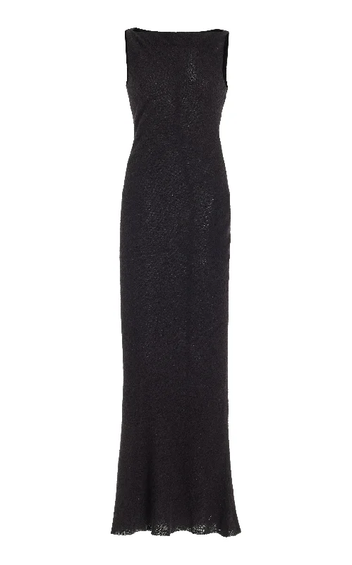 Trendy Outfits For Ladies Seren Maxi Dress in Black Silk Cashgora Boucle Gauze