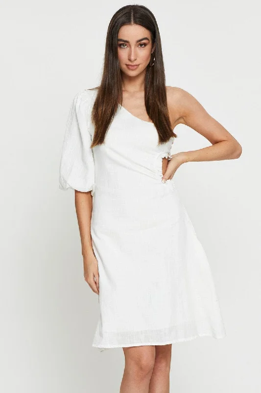 Trendy Women's Apparel White Midi Dress One Shoulder