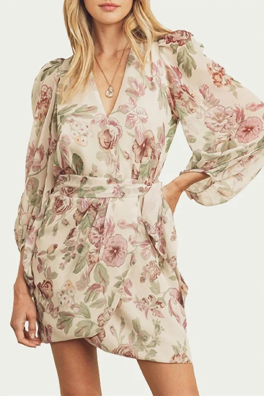 Outfits Ideas Wrap-Effect Floral-Print Georgette Mini Dress In Cream/Lavender