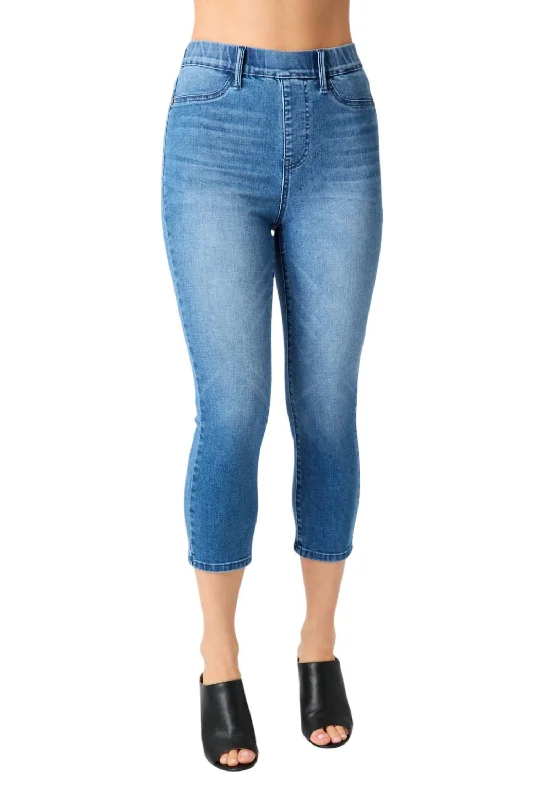 Online Boutiques Affordable High Waist Pull On Capri Denim In Blue