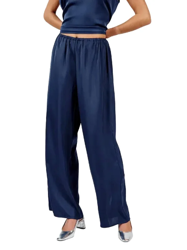 Minimalist Women's Fashion Clothing Last Night Satin Elastic Waist Pants In Navy