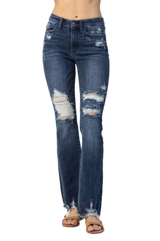 Women's Evening Wear Mid Rise Contrast Destroy Slim Bootcut Jean In Blue