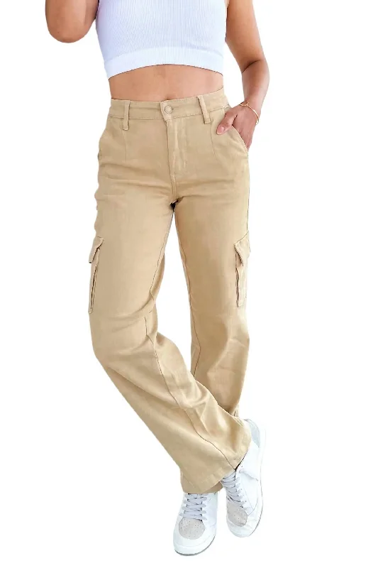 Women's High Street Fashion Mid Rise Garment Dyed Cargo Straight Jeans In Khaki