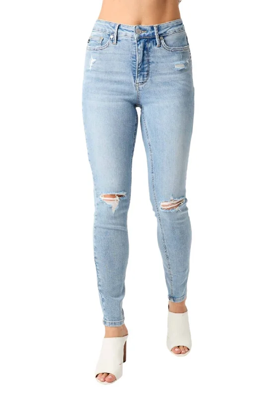 Clothing Brands Mid Rise Tummy Control Destroy Skinny Jean In Blue