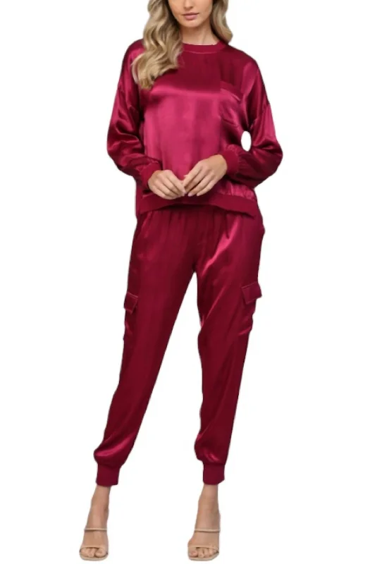 Women's Comfortable Lounge Garments Satin Ditz Diva Jogger In Maroon