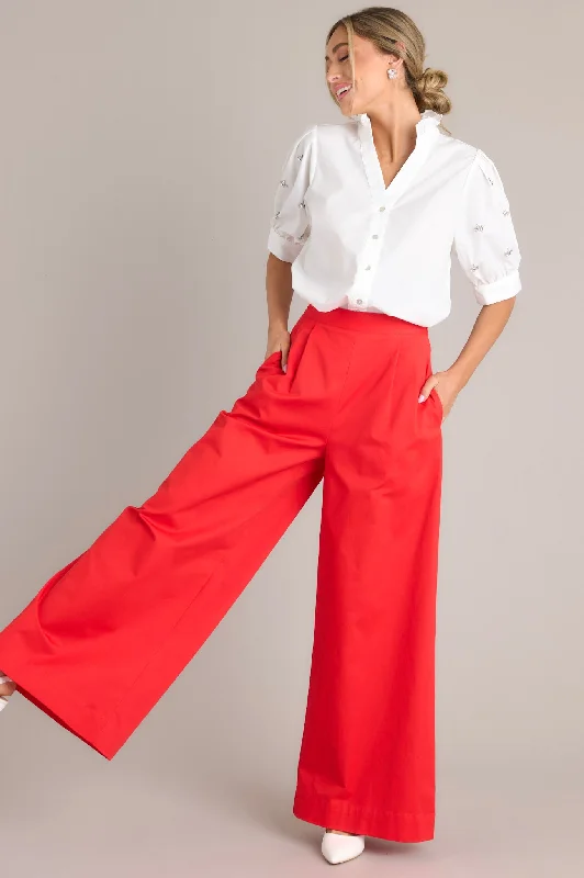 Women's Casual Apparel For Weekends Sweet Taste Cherry Red Wide Leg Pants