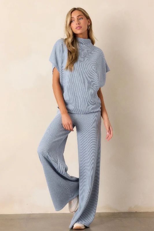 Women's Clothing Waterfall Mist Ash Blue Knit Wide Leg Pants